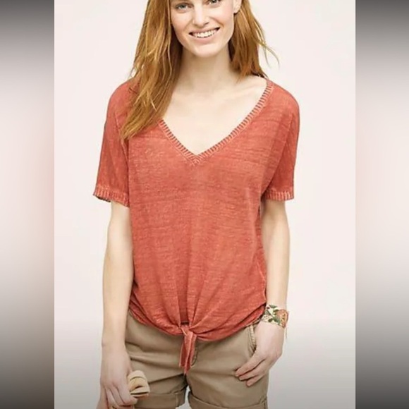 Cloth & Stone by Anthropologie Red Tie Linen Short Sleeve Shirt - Picture 1 of 11